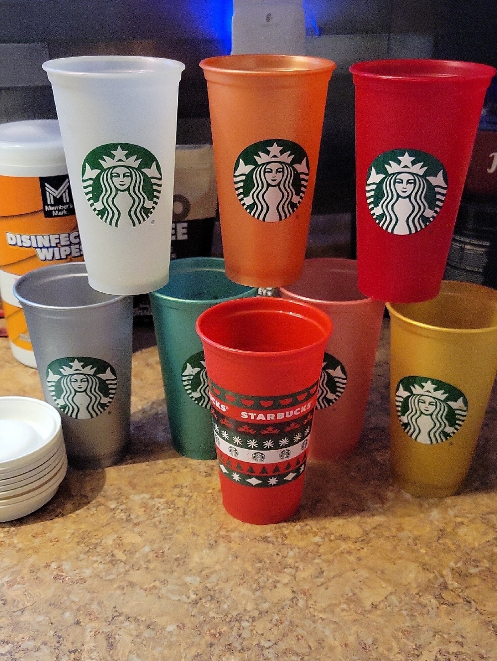 Starbucks Plastic Tumblers in Red, Orange, Gold, Silver, Green, White, Tan